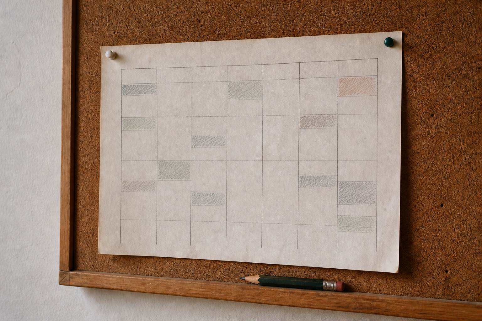 A hand-drawn seven-day calendar pinned to a cork board, with a few pencil-shaded commitments and generous blank space