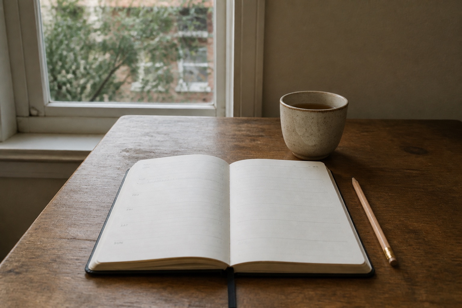 An open weekly planner and pencil facing a seated viewpoint on a wooden table beside a window, with a cup of tea